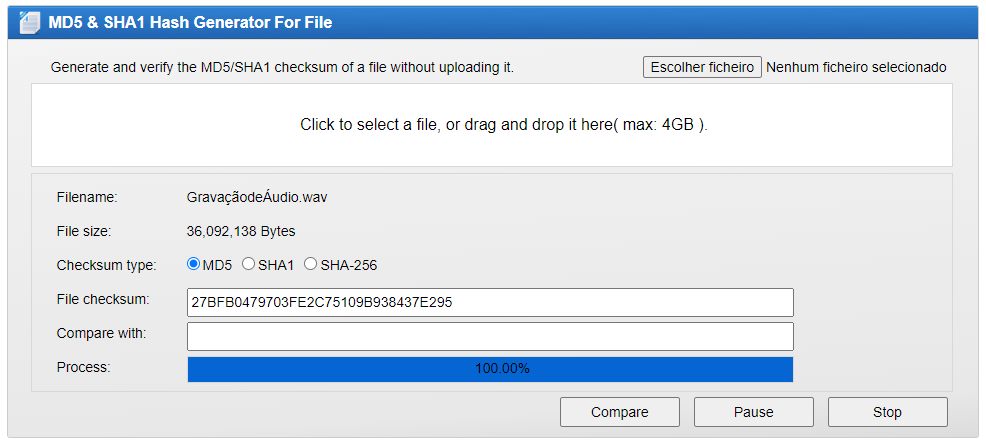 Extração Hash do arquivo "GravaçãodeÁudio.wav" para o algoritmo de Hash MD5: