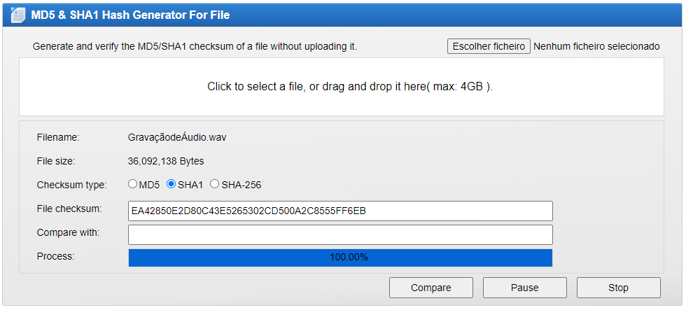 Extração Hash do arquivo "GravaçãodeÁudio.wav" para o algoritmo de Hash SHA-1